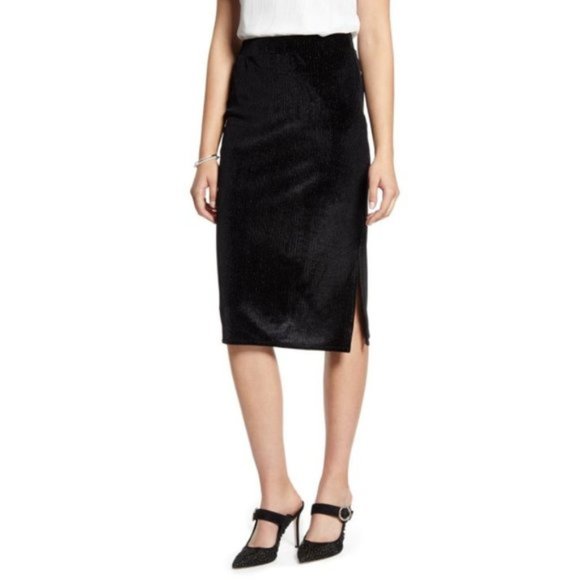 Halogen Black Velvet Side Slit High Waist Pencil Knee Length Skirt - XXSP - Picture 1 of 4